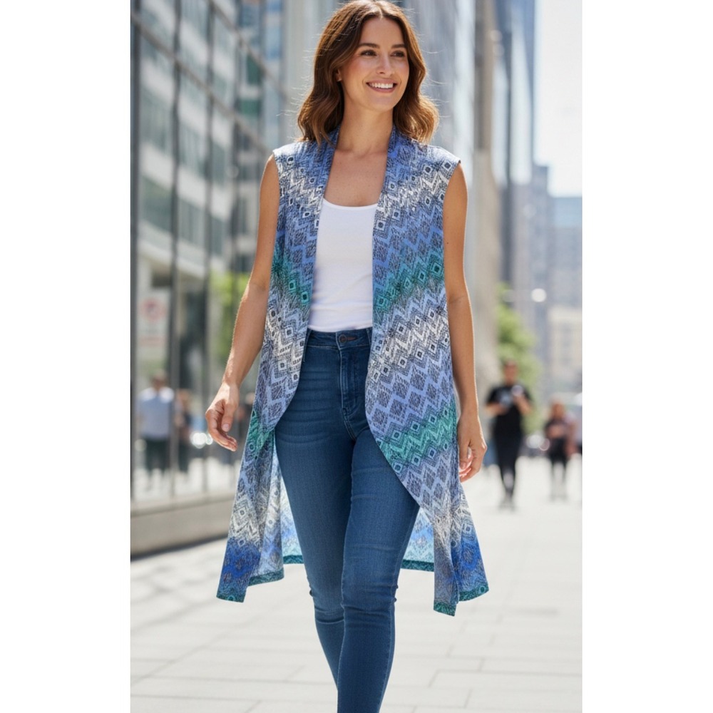 Chicos Travelers Blue Geometric Ikat Open Front Cardigan Vest 3 XL Coastal Boho